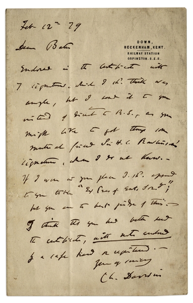 Charles Darwin Autograph Letter Signed to Fellow Naturalist & Explorer Henry Walter Bates, Author of ''The Naturalist on the River Amazons''
